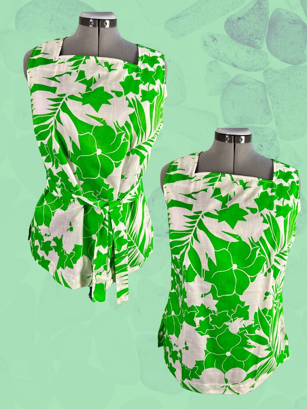 Vintage 70s Alex Coleman Sleeveless Green White Tropical Print Blouse 16